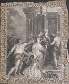 Mannerist print with half-naked men thrusting snakes at bare-breasted woman on building with Ioni...