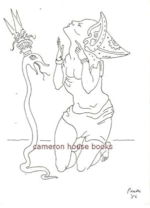 Printed Christmas card design (kneeling woman with crowned snake), dated at foot 'Peake '56'