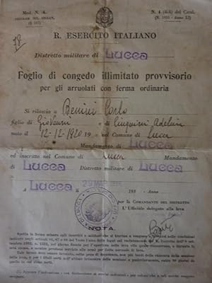 Documento "REGIO ESERCITO ITALIANO Distretto Militare di Lucca - FOGLIO DI CONGEDO ILLIMITATO PRO...