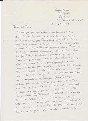 Autograph letter signed, 1½-pages 4to, to Kit Parry of the Salisbury Poetry Circle making arrange...