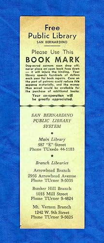San Bernardino Free Public Library Book Mark Circa 1950. Ephemera.
