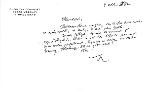 Lettre autographe signée à l'écrivain Christian Maurel [4 octobre 1992]