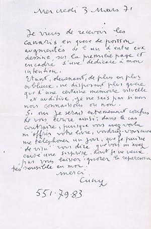 Lettre autographe signée à l'écrivain Christian Maurel [3 mars 1971]
