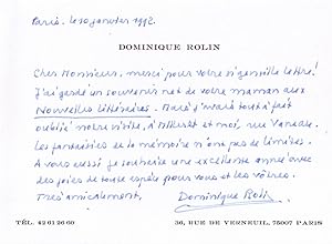 Carte autographe signée de Dominique Rolin. 10 Janvier 1992.
