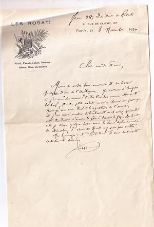 Lettre autographe signée à entête les Rosati de Jean Ott au romancier Marcel Batilliat. Au sujet ...