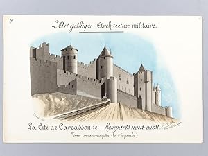 L'art Gothique. Architecture militaire [ Lot de 3 beaux lavis originaux sur Carcassonne ] La Cité...