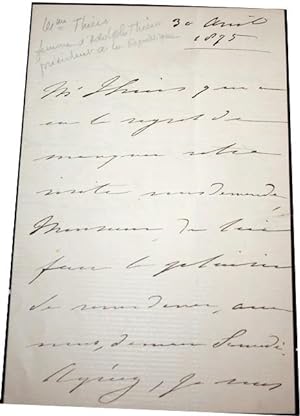 Lettre Autographe Signée de Mme THIERS (Adolphe) Élise Thiers, née Eulalie Élise Dosne datée du 3...