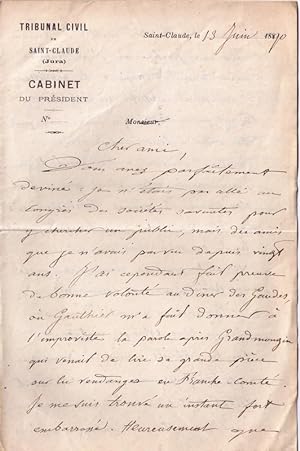 Intéressante lettre autographe signée de l'historien Charles-Émilien Thuriet, adressée à Léonce P...