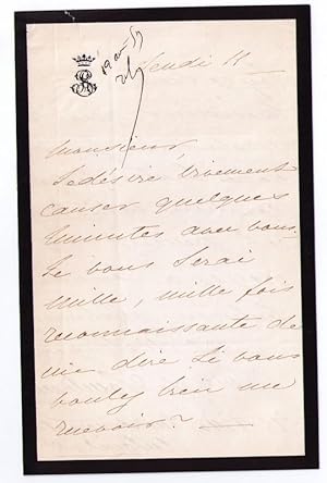 Lettre autographe signée par la Comtesse de SOMBREUIL, demande d'entretien. 16 villa Montmontency...