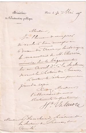 Lettre autographe à entête du ministère de l'Instruction publique signée d'Hippolyte Valmore adre...