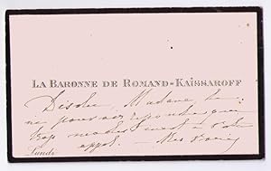 Carte de visite avec note autographe de la Baronne Romano-Kaissaroff .