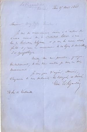 Lettre autographe signée d'Elisée La Rigaudière adressée au sénateur Auguste Dide, remerciements ...