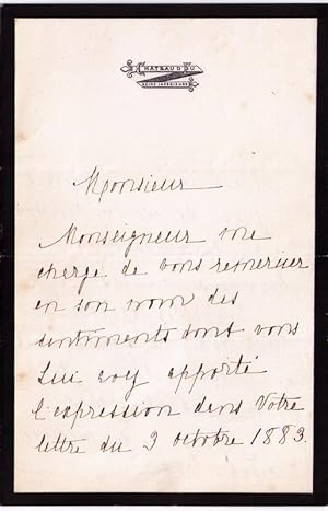 Lettre autographe à entête du château d'Eu - Seine Inférieur signée Marquis de Beauvoir, il expr...