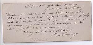 Carton autographe signé du comte de Beaucorps adressé à un libraire. Il a vu dans son catalogue D...
