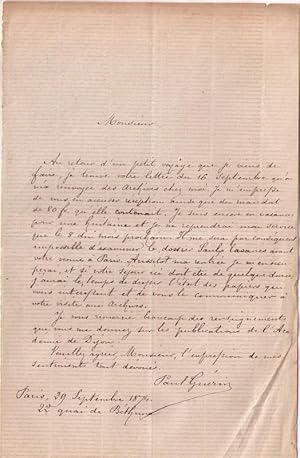 Lettre autographe signée de Monseigneur Paul Guérin adressée à Léonce PINGAUD, historien (Dijon, ...