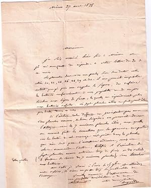 Lettre autographe signée de lécrivain militaire Antoine-Marie Augoyat, adressée au libraire Anse...