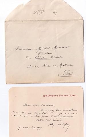 Carton autographe signé du dramaturge Alexandre Bisson adressé à Michel Mortier directeur du Théâ...