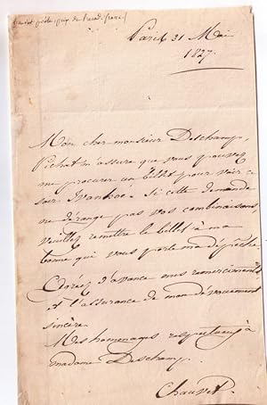 Lettre autographe signée du poète Victor Chauvet adressée à Deschamps au sujet de billet pour voi...