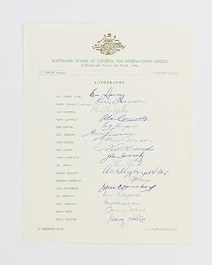An official Australian Board of Control for International Cricket autograph sheet for the Austral...