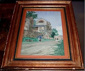 Belle aquarelle de Georges BOUSQUET (1904-1976). Rue de village - probablement Provins (77).