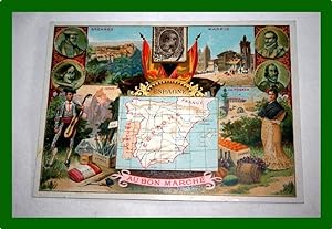 Chromo AU BON MARCHE - L'Espagne - avec timbre, carte du pays et personnages historiquesMARCHE L'...