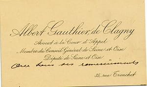 Carte de visite d'Albert GAUTHIER DE CLAGNY avec une ligne manuscrite " Avec tous ses remerciemen...