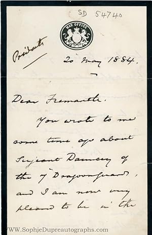 Letter Signed to Captain the Hon. E.R. Fremantle, CB, CMG, (Sir Garnet, 1833-1913, Field Marshal ...