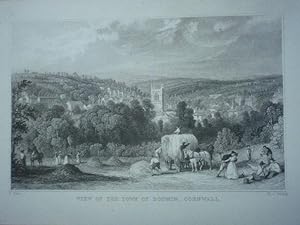Original Antique Engraved Print Illustrating A View of the Town of Bodmin, Cornwall.