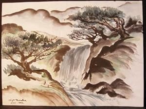 Wind Swept Trees over a Waterfall.