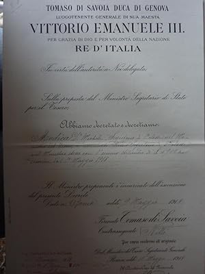 "TOMMASO DI SAVOIA DUCA DI GENOVA Luogotenente Generale di Sua Maesta' VITTORIO EMANUELE III Per ...