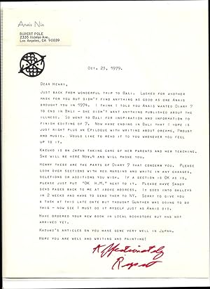 EXCELLENT 1 PAGE TLS FROM RUPERT POLE ON ANAIS NIN'S PRINTED LETTERHEAD Oct. 25, 1979
