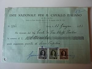 Ricevuta "ENTE NAZIONALE PER IL CAVALLO ITALIANO - QUOTA SOCIO PERPETUO CONTE PIERO ALUFFI PENTIN...