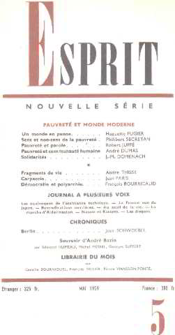 Revue esprit/ mai 1959/ pauvreté et monde moderne