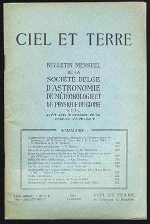 Ciel et Terre . LVIIIe année - N° 7-8 , Juillet- Août 1942 . Bulletin mensuel de la Société Belge...