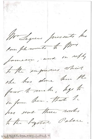 Autograph formal letter to Mrs Jameson, (James, 1803-1857, Sculptor, R.A.)