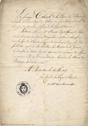 Document in French with translation, signed 'le M[arqu]is H. de Montcalm' (Hippolyte, 1776-1858, ...