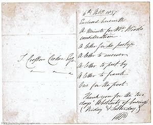Autograph note signed with initials to T. Crofton CROKER (Sir William E., 1790-1855, Admiral, Arc...
