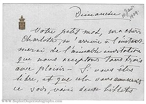Autograph Letter Signed on card, in French with translation, signed 'Christine', to Charlotte, La...