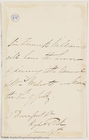Autograph Letter in the third person to Admiral and Mrs Walcott, (Sir William Fenwick, 1800-1883,...