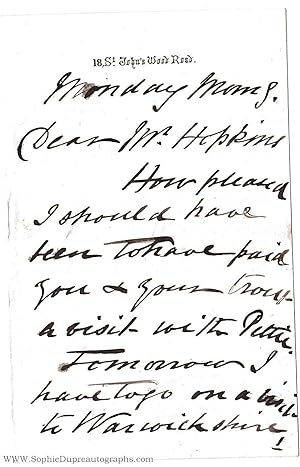 Autograph Letter Signed to Mr Hopkins, (Henry William Banks, 1833-1914, R.A., landscape and anima...