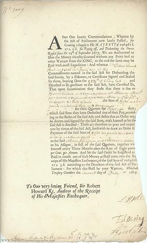 Document signed by all three as Lords of the Treasury, (Laurence Hyde, 1641-1711, 1st Earl, broth...