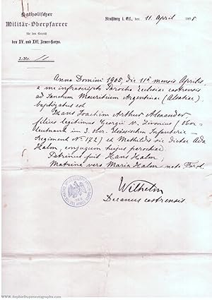 Autograph Certificate Signed of Baptism, in Latin with translation, (Senior Roman Catholic Chapla...