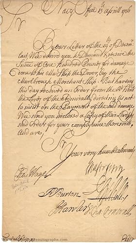 Letter signed as comptroller of the Navy, with the other official signatures (Admiral Sir Charles...