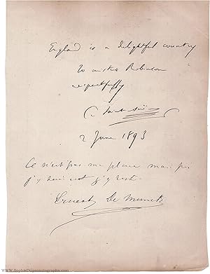 Fine Autograph Note Signed and dated to Mr Robinson, (Camille, 1835-1921, French Composer)