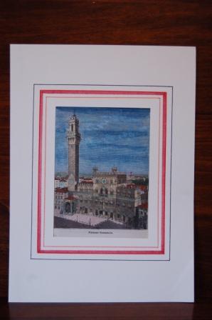 Veduta Del palazzo comunale di Siena xilografia originale colorata a mano d'epoca