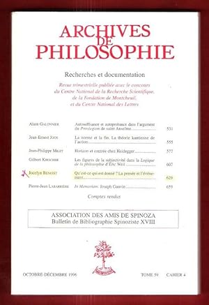 Archives De Philosophie . Tome 59 , Cahier 4 - Octobre-Décembre 1996 : Autosuffisance et Autoprob...