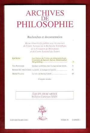 Archives De Philosophie . Tome 59 , Cahier 1 - Janvier-Mars 1996 : Les Limites de L'eidos En Phén...