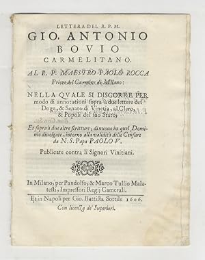 Lettera del R.P.M. Gio. Antonio Bovio carmelitano. Al R.P. maestro Paolo Rocca priore del Carmine...