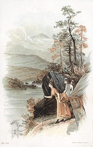 Two ladies and a gentleman viewing the river, titled "Mt. Washington"; chromolithographic illustr...