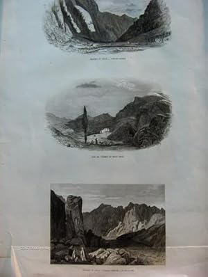Gravure XIXe siècle : Trois vues : Désert du Sinaï - Vue du sommet du Mont Sinaï - Désert du Sina...